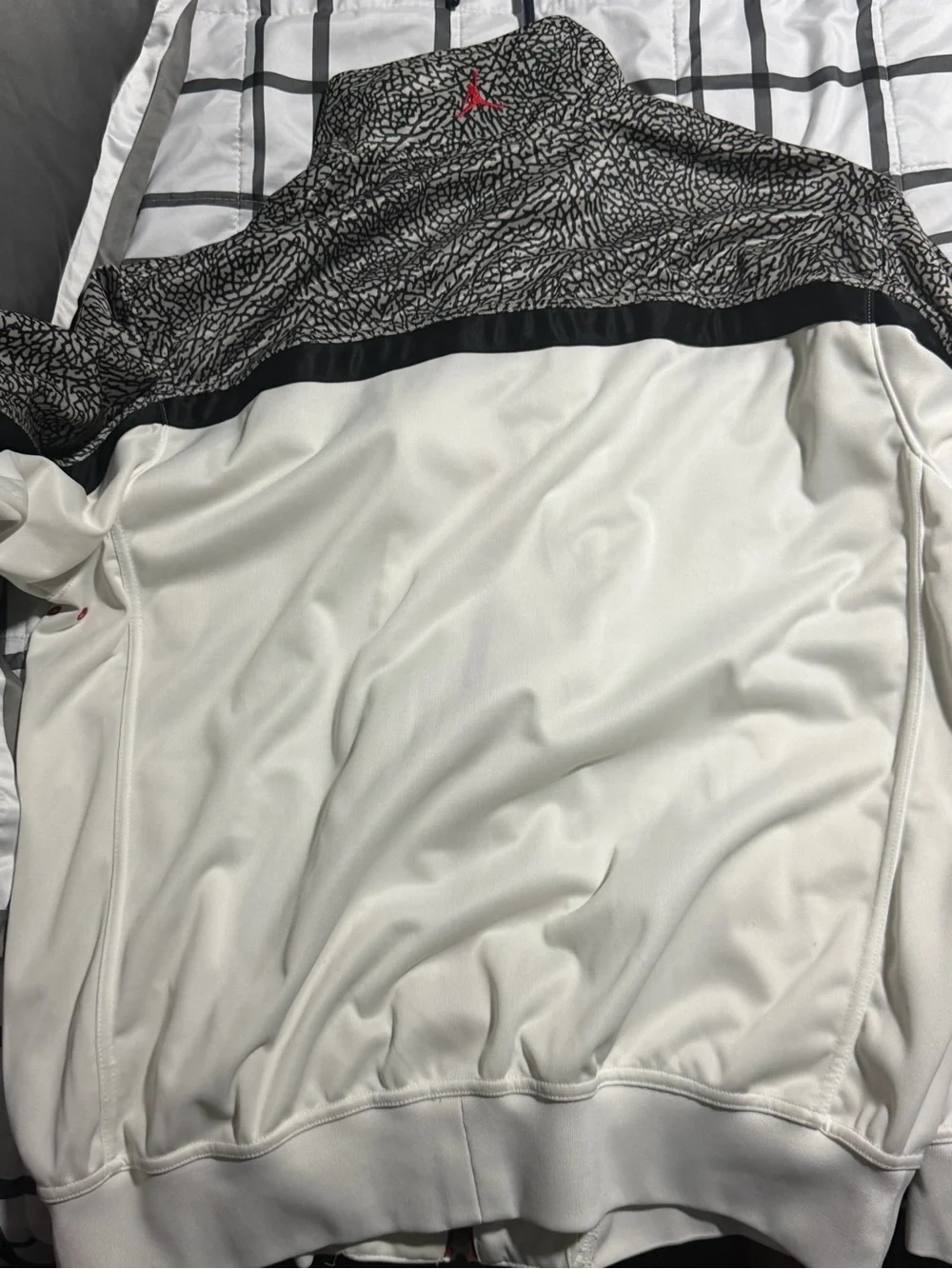 Jordan men’s white and gray elephant Patterned Varsity Jacket with Red Jumpman
